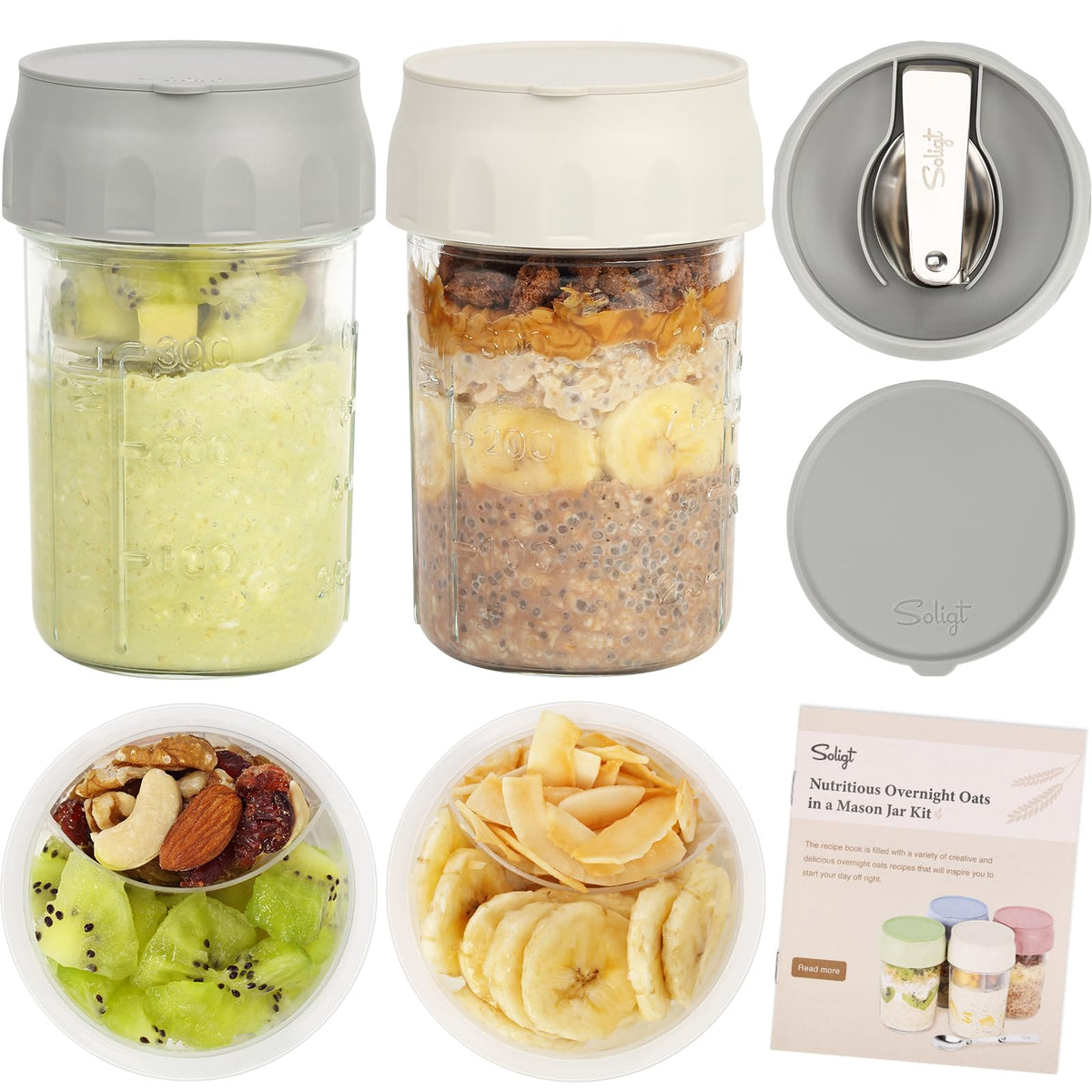 SOLIGT overnight oats containers with spoon-lid, portable and leakproof