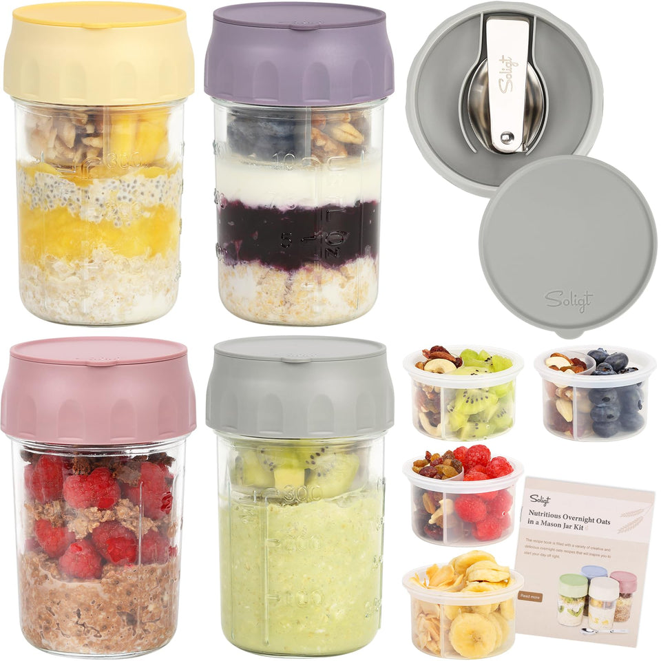 SOLIGT overnight oats jar with integrated spoon in lid for on-the-go prep.