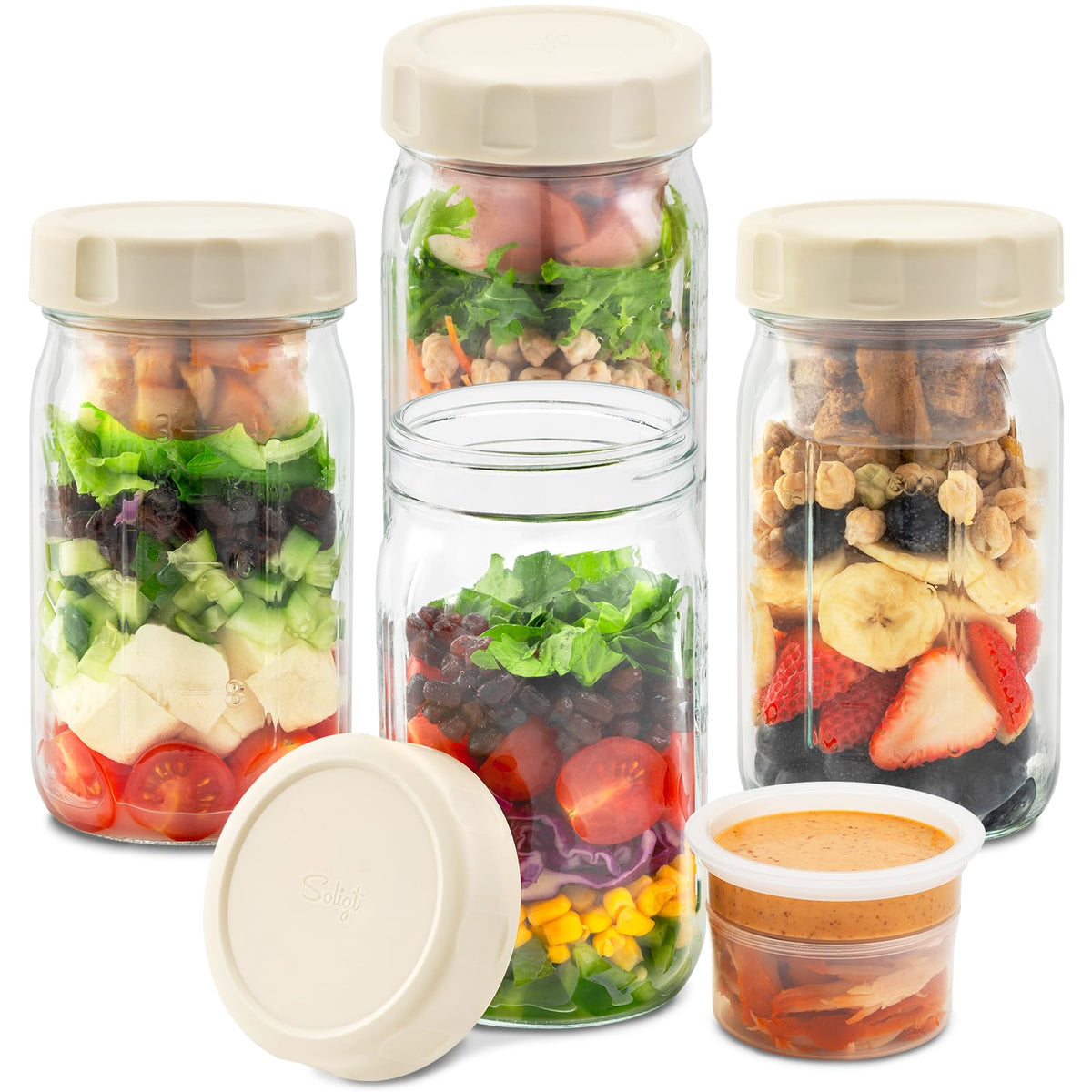 SOLIGT salad jar with three compartments keeps greens fresh and separated.
