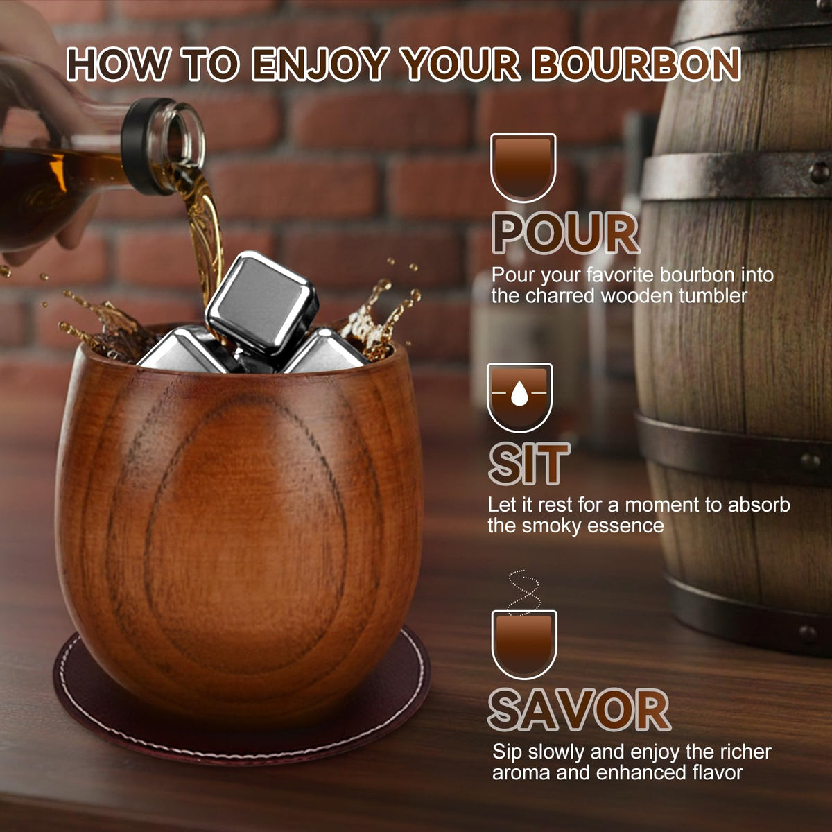 Solunvia leather coasters and hip flask accompanying the gift set.