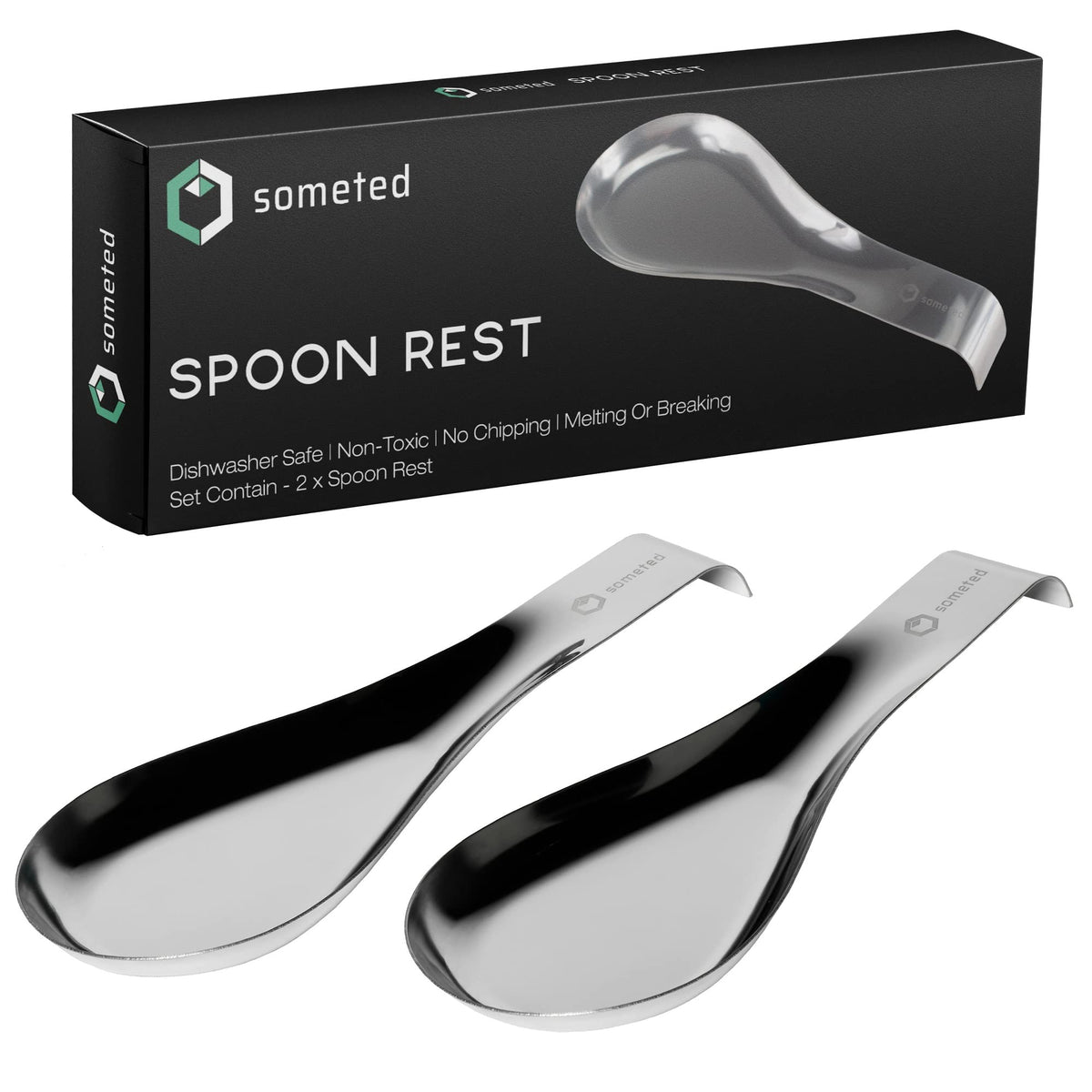 SOMETED spoon rest set in brushed finish helps keep counters clean.