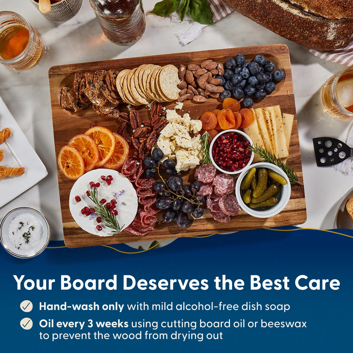 Sonder Los Angeles Winsome Acacia cutting board with knife and fruits demonstrates versatile kitchen use