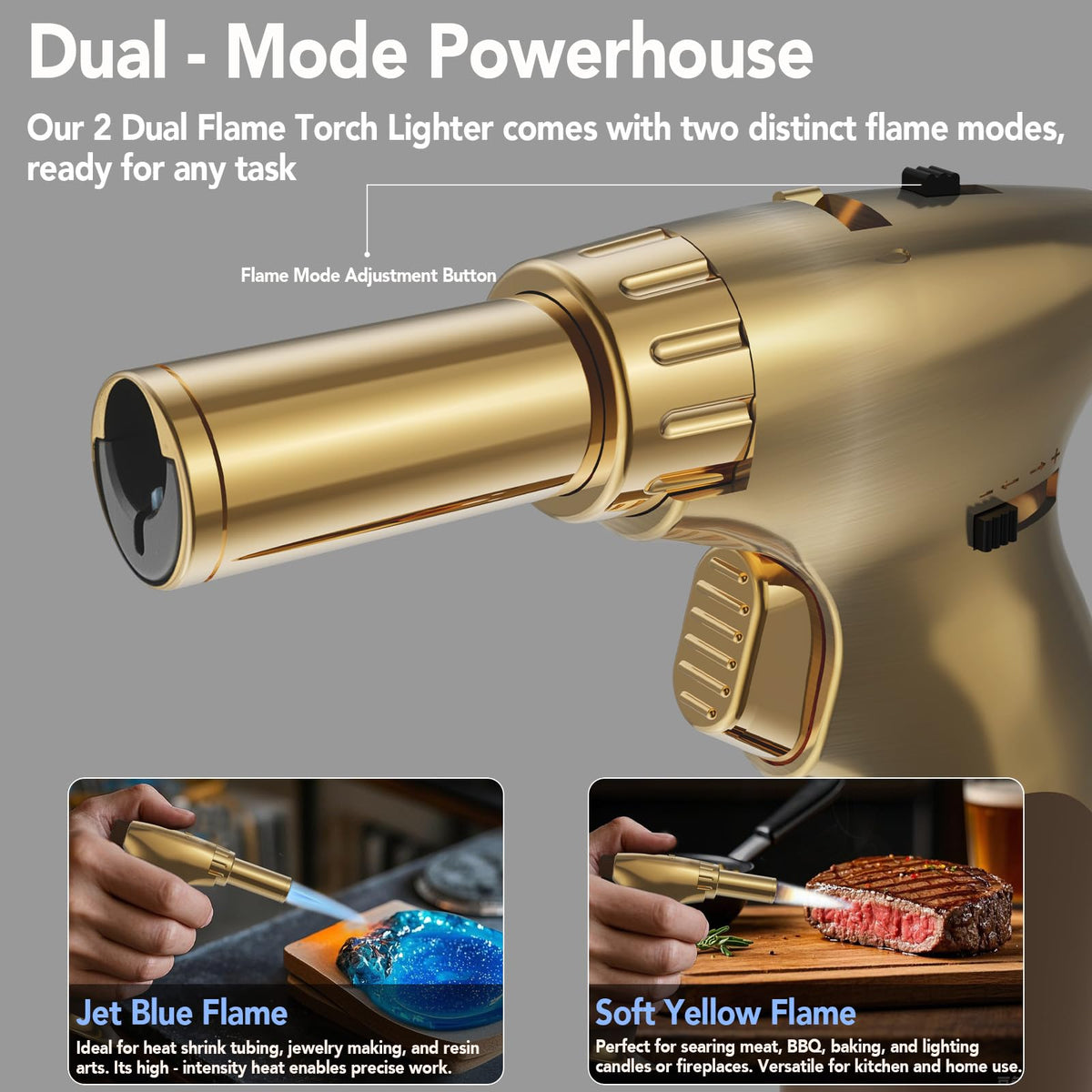 Sondiko adjustable flame control torch enables precise searing and browning.