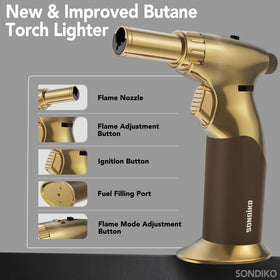 Sondiko aluminum-body kitchen torch offers durable, comfortable handling.