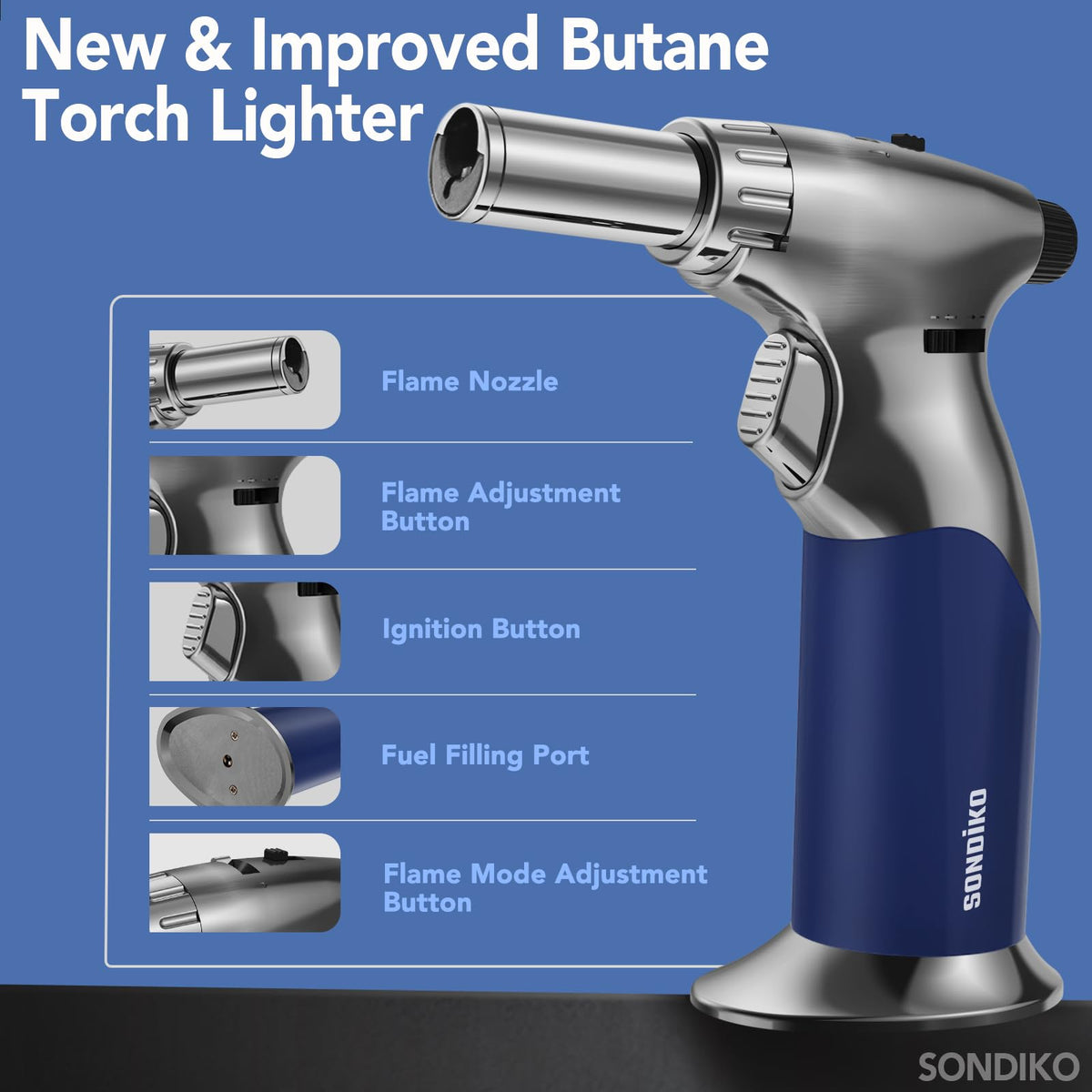 Sondiko torch showing adapter for various butane tanks.