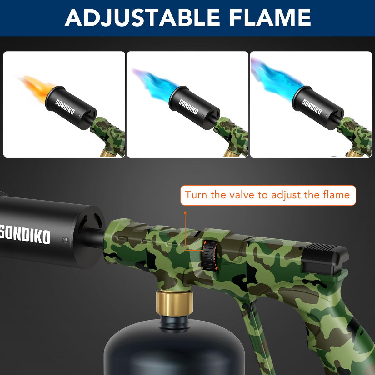 Sondiko torch head enables precise browning and searing with a steady flame.