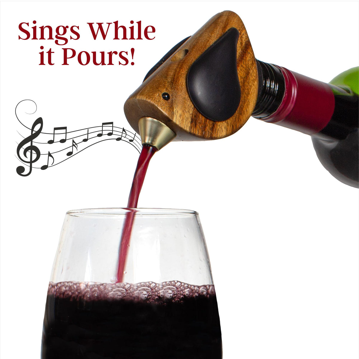 Songbird Specialties acacia wood bird perched on bottle adds elegance.