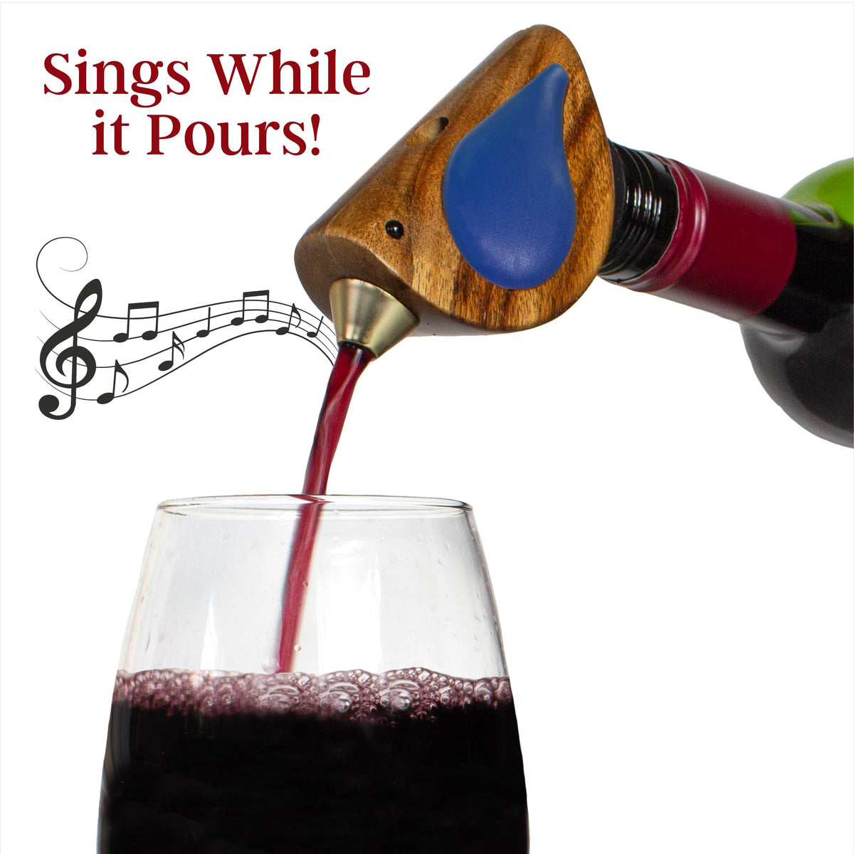 SONGBIRD SPECIALTIES acacia wood with blue wings on the wine pourer.