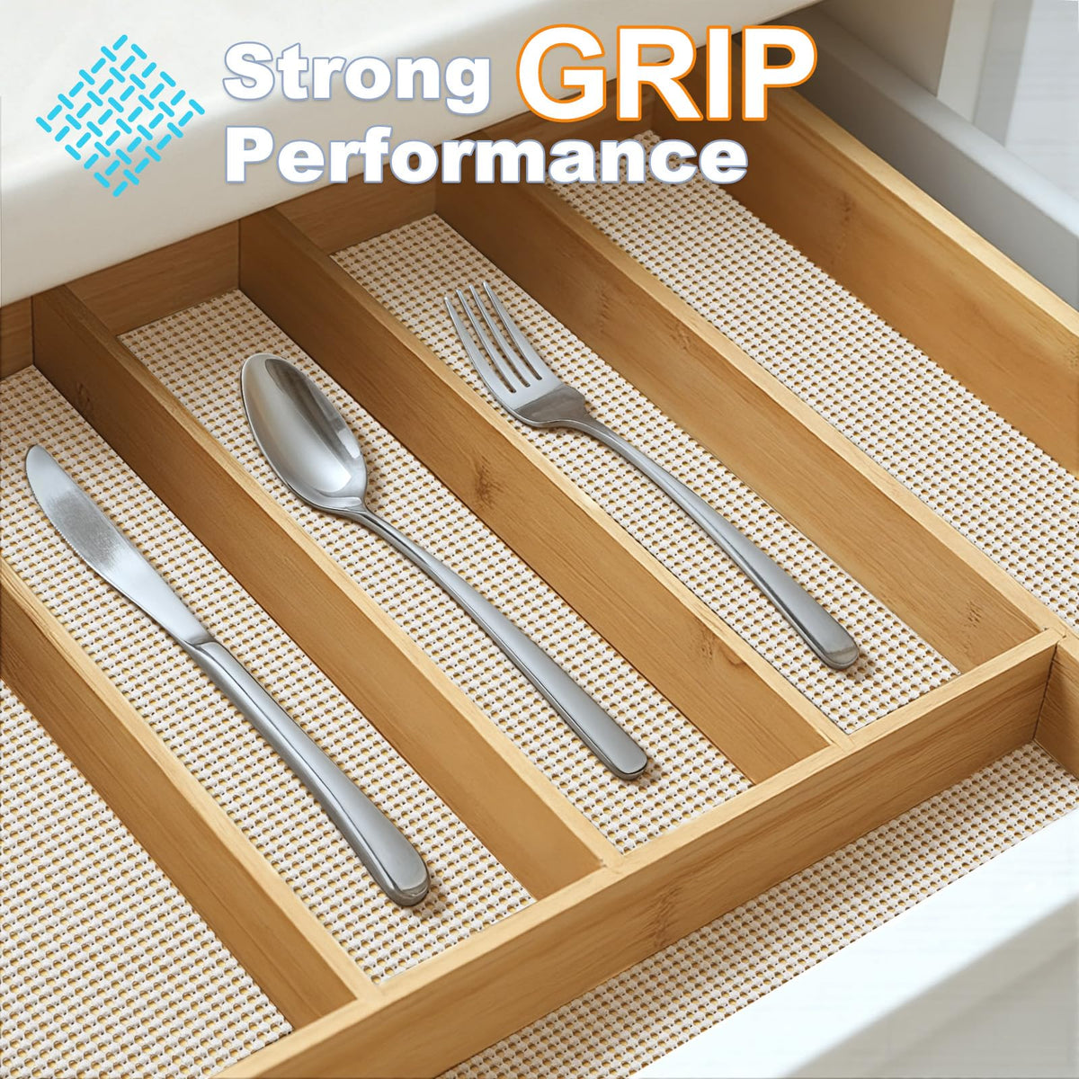 Songgrey liner installed in a kitchen drawer keeps utensils from sliding