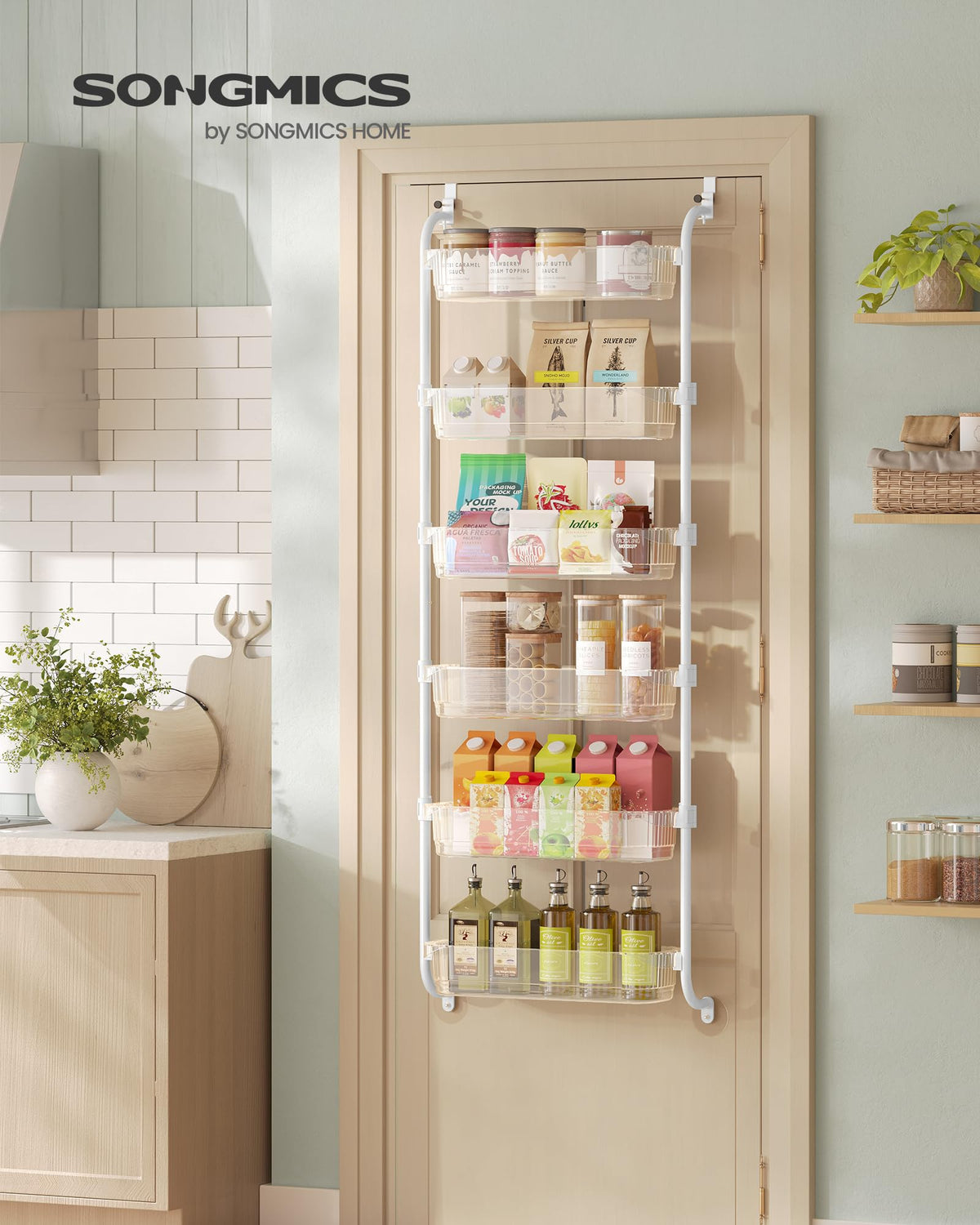 Songmics adjustable tall baskets adapt to item heights for flexible storage.
