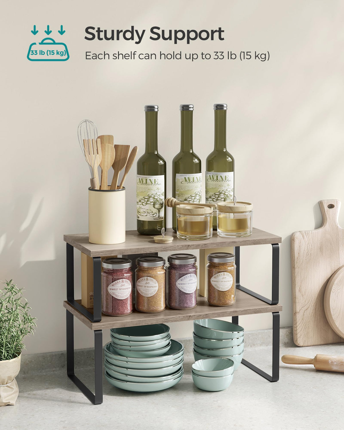 SONGMICS cabinet organizer on table elevates dining centerpiece.