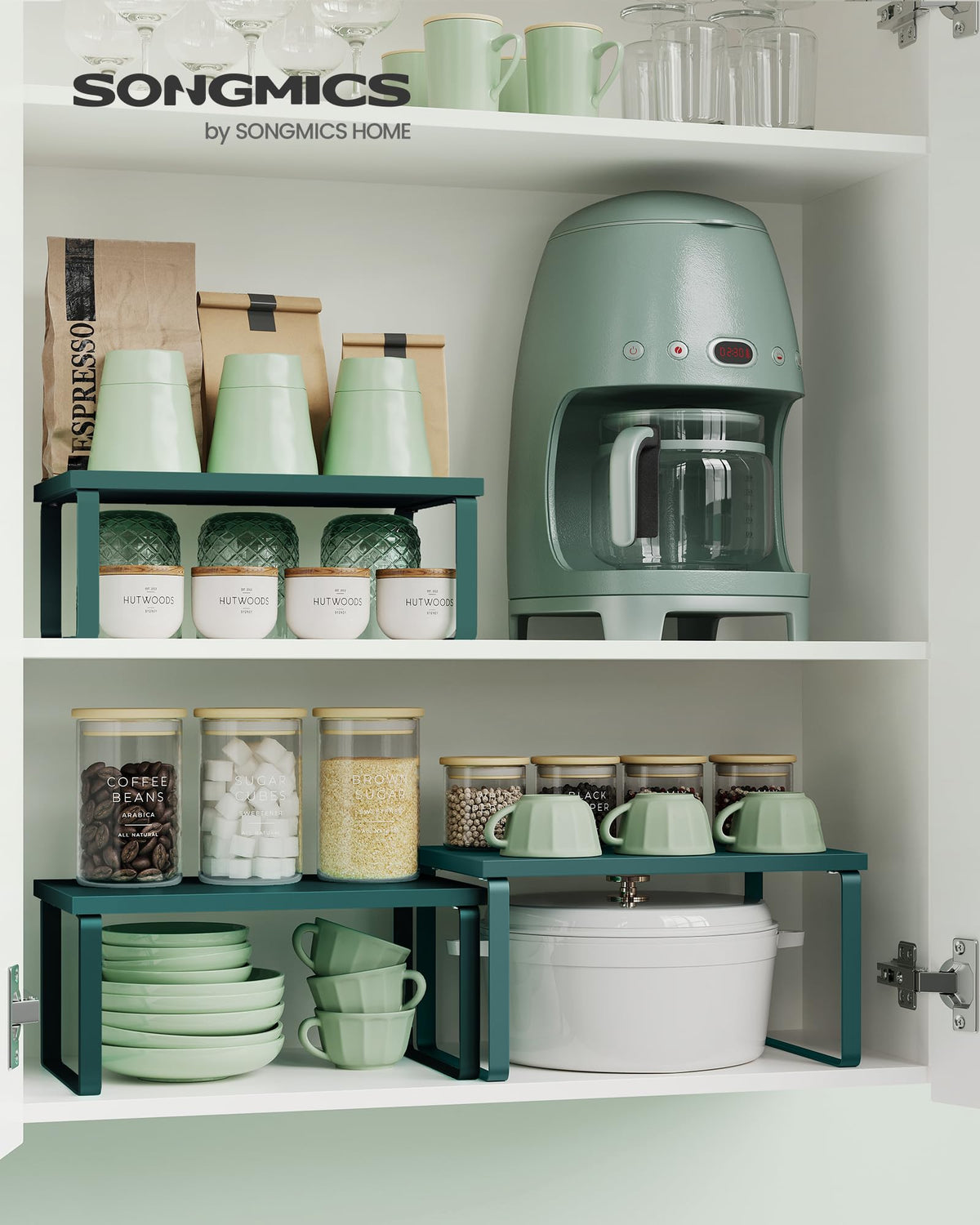 Songmics cabinet organizer middle rack keeps utensils organized and accessible.