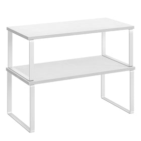 SONGMICS cabinet organizer shelf 2-pack shows space-saving counter storage.