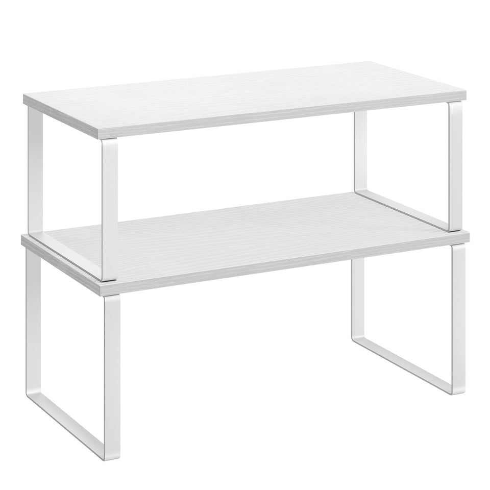 SONGMICS cabinet organizer shelf 2-pack shows space-saving counter storage.