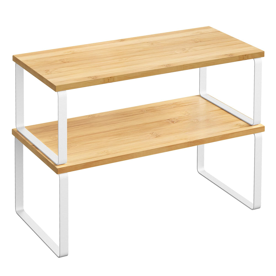 Songmics cabinet organizer shelf set of 2 for clutter-free storage on countertops.