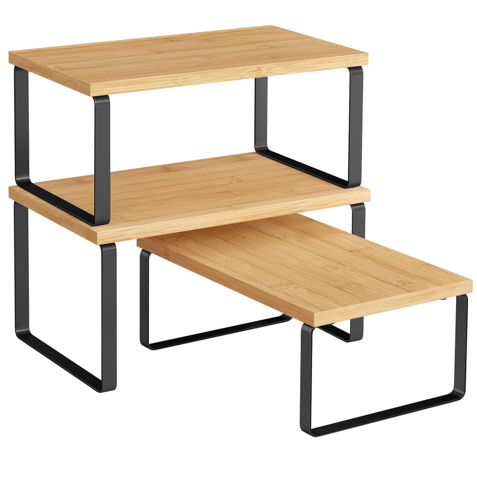 SONGMICS cabinet organizer shelf on a countertop with ink black frame and beige shelves for neat spices.