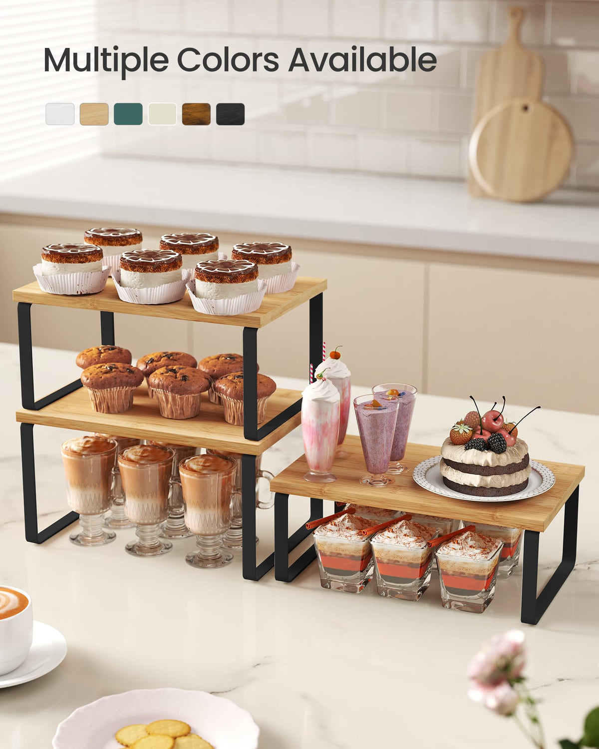SONGMICS expandable cabinet shelf configuration maximizing cabinet space in a small kitchen.