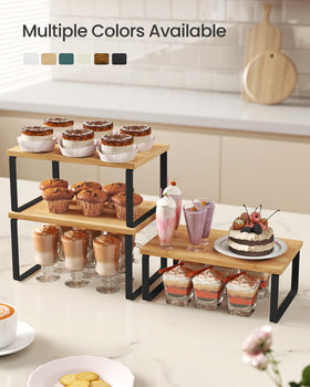 SONGMICS expandable cabinet shelf configuration maximizing cabinet space in a small kitchen.