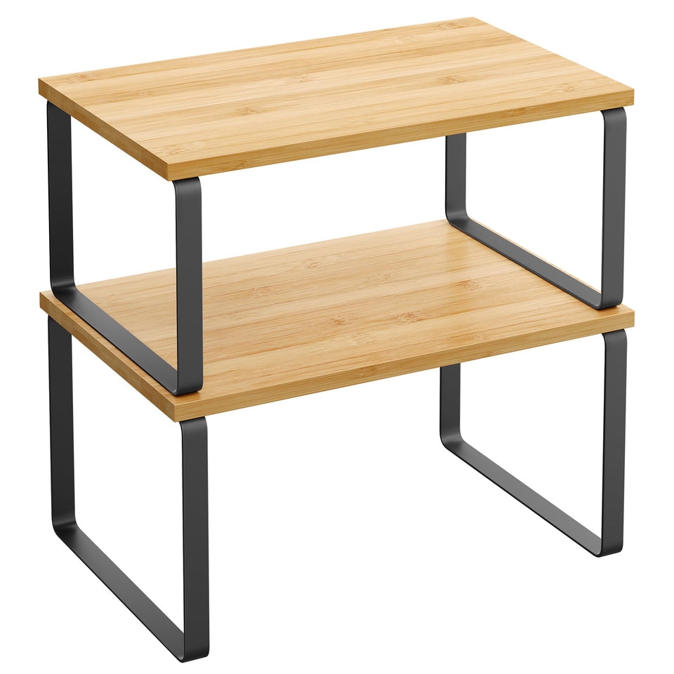 Songmics cabinet organizer shelf in ink black and beige enhances kitchen storage and visibility.