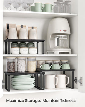 Songmics cabinet organizer shelf large rack to keep cans neatly visible.