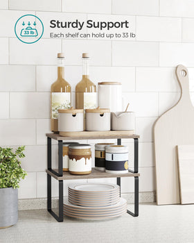 SONGMICS cabinet organizer shelf versatile layout shows left-right or stacked configurations.