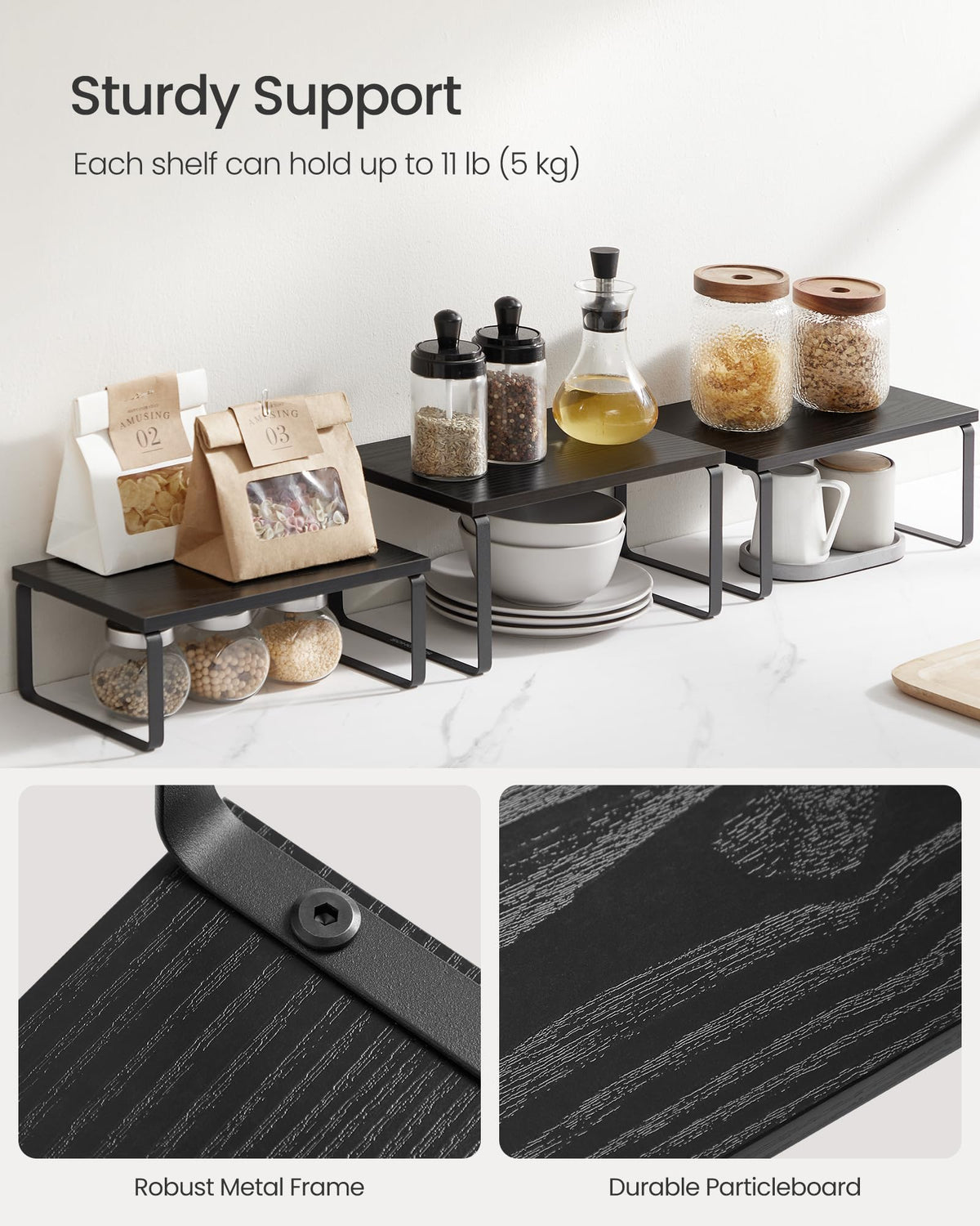 Songmics cabinet organizer shelf multipurpose use for kitchen, vanity, or bathroom.