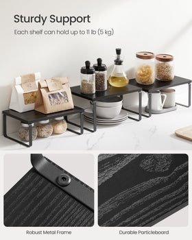 Songmics cabinet organizer shelf multipurpose use for kitchen, vanity, or bathroom.