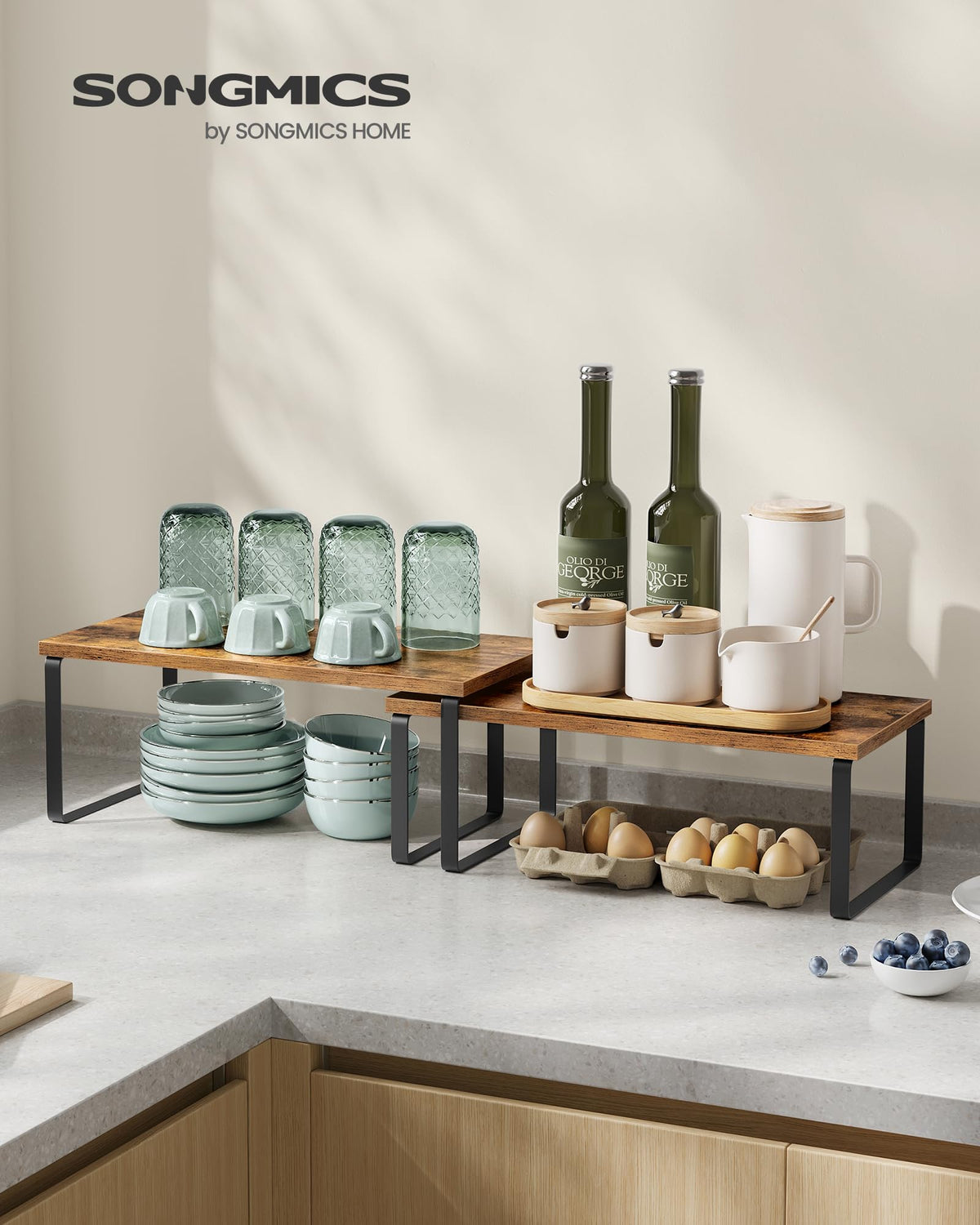 Songmics cabinet organizer shelf in rustic brown, sturdy display for cookbooks and jars.