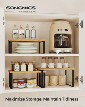 SONGMICS stackable shelf showing three-tier design for compact storage.