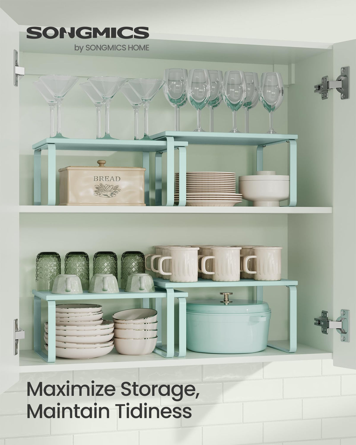 SONGMICS cabinet organizer shelf stackable configuration boosts compact kitchen organization