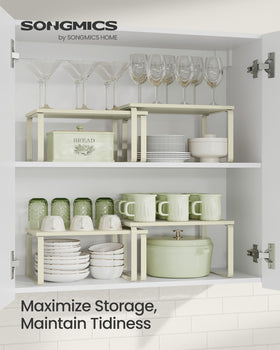 Songmics cabinet organizer shelf showing stackable design saving countertop space