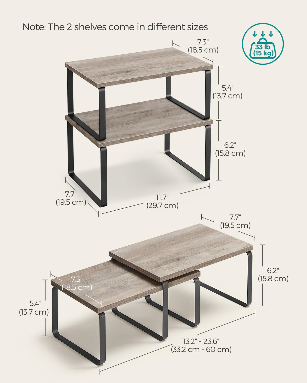 SONGMICS cabinet organizer shelf stackable design saves counter space and expands storage potential.