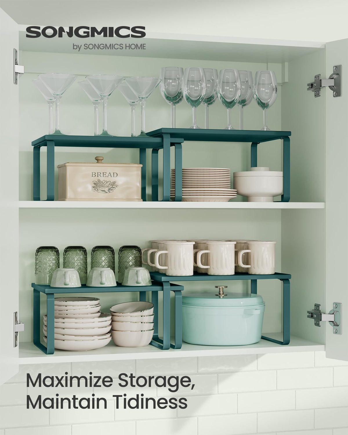 SongMics cabinet organizer shelf two-tier setup highlights sturdy engineered wood and metal.