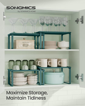 SongMics cabinet organizer shelf two-tier setup highlights sturdy engineered wood and metal.