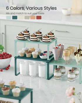 SongMics cabinet organizer stackable shelf demonstrates versatile placement in kitchen and dining areas.