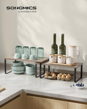 SONGMICS cabinet organizer on counter in heather greige saves space.