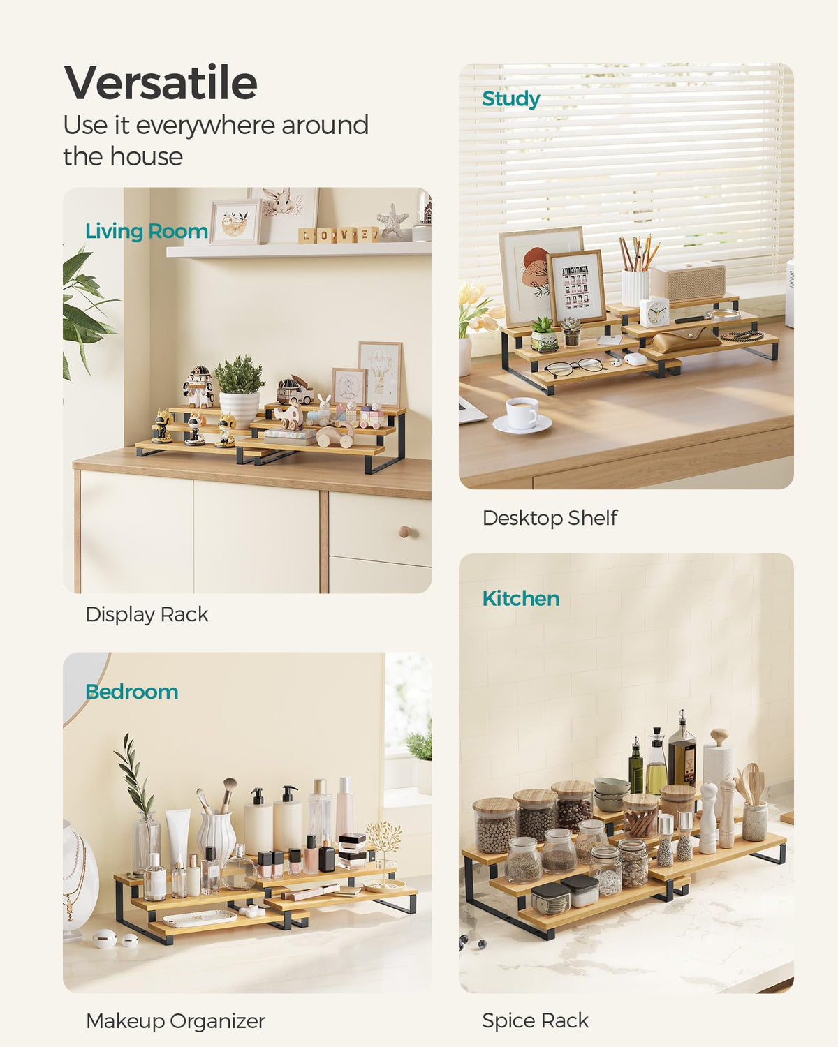 SONGMICS engineered wood and metal frame supports daily display items.