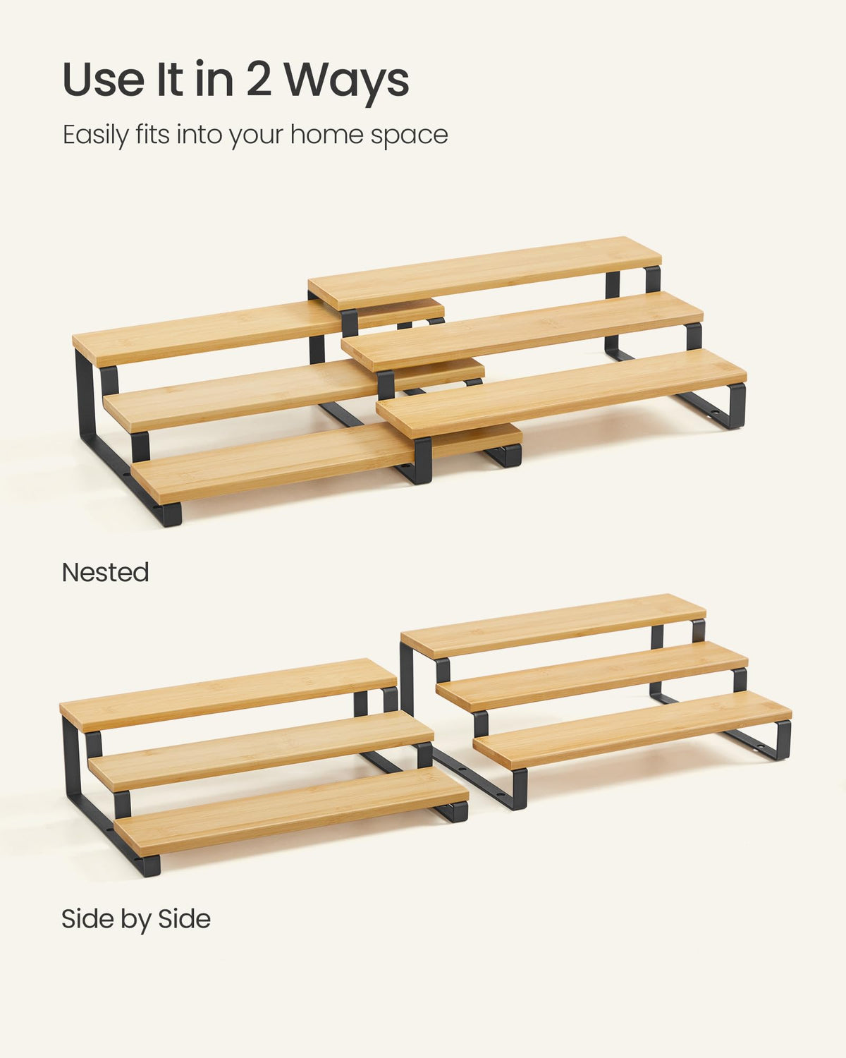 SONGMICS three-tier shelf display for cosmetics and desserts on countertops.