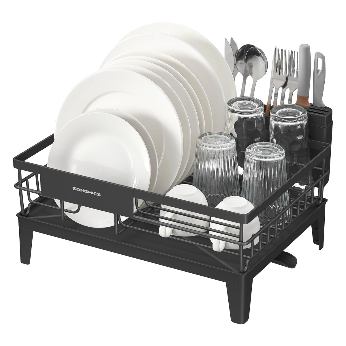SongMics dish drying rack with 360° rotatable spout for quick drainage into the sink