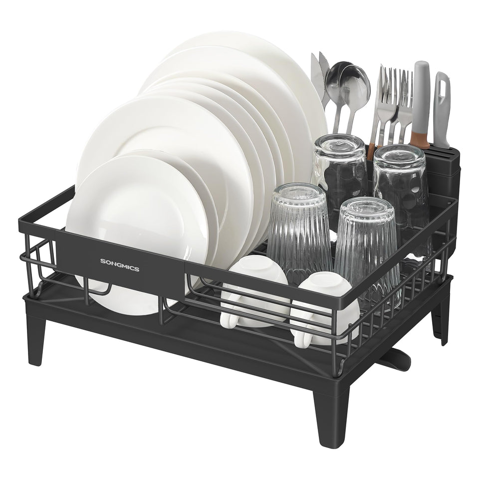 SongMics dish drying rack with 360° rotatable spout for quick drainage into the sink