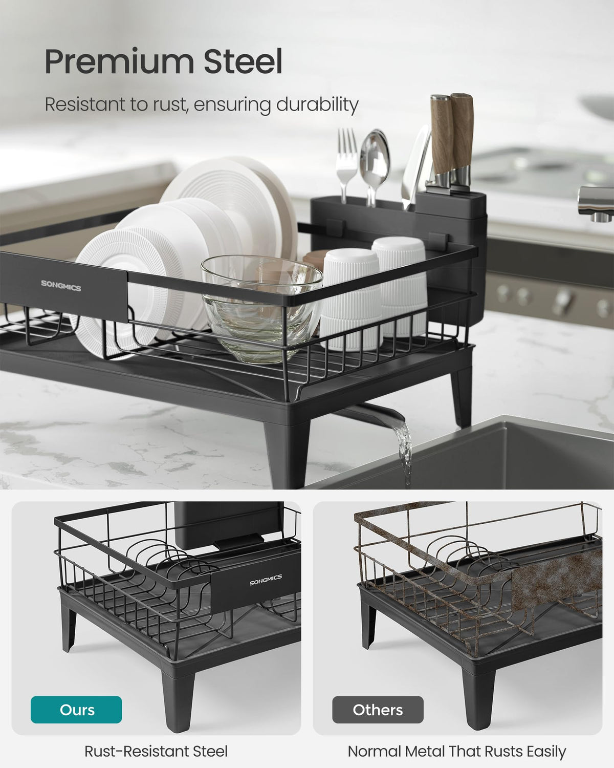 SongMics dish rack with detachable 3-compartment cutlery holder for utensils