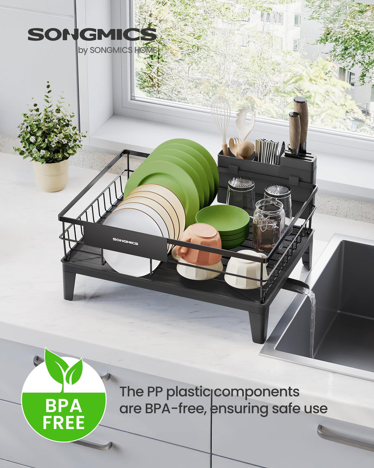 SongMics rack with sloped drainboard directing water away from the counter