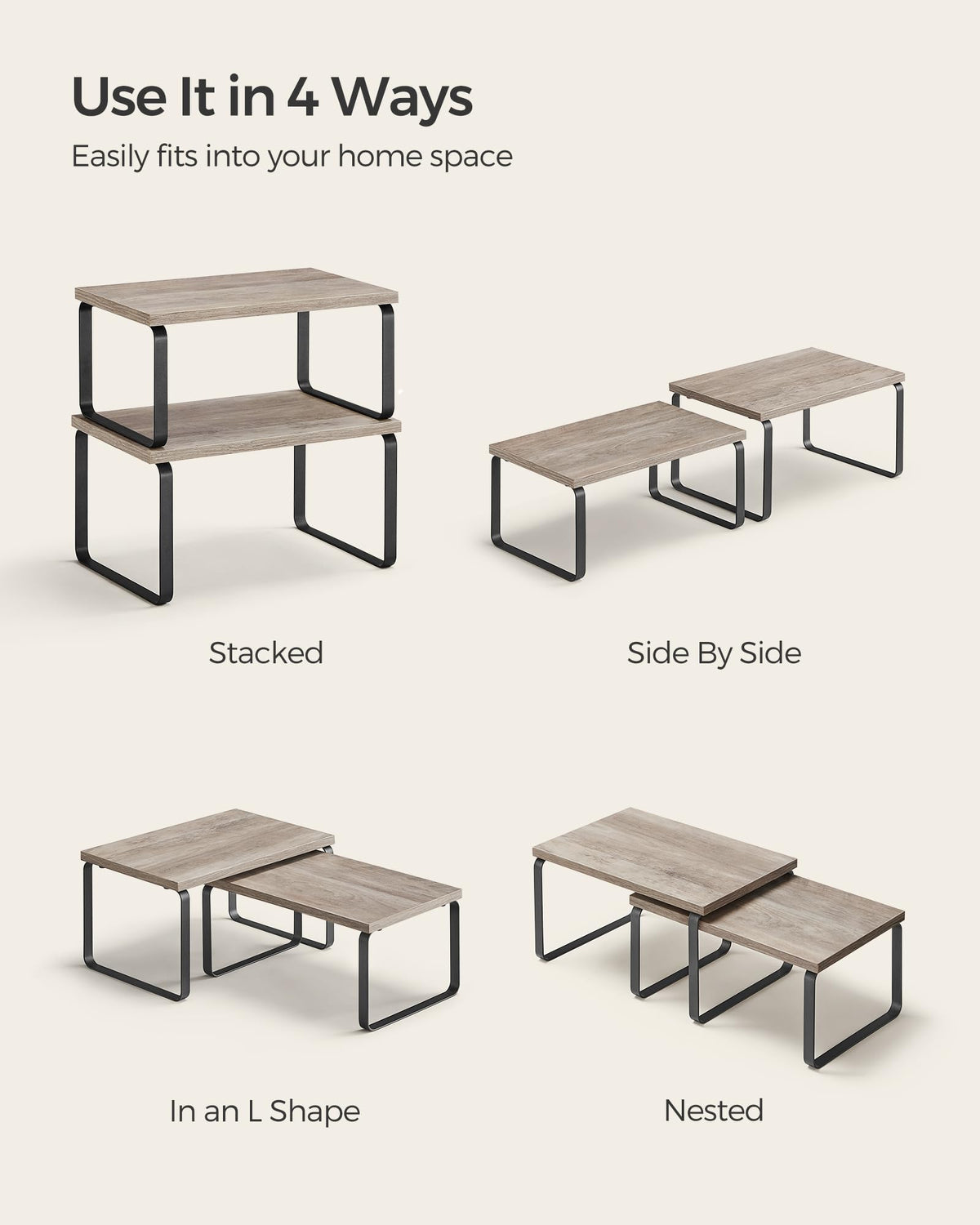 Songmics easy-assembly instructions image illustrating quick setup of cabinet shelves.