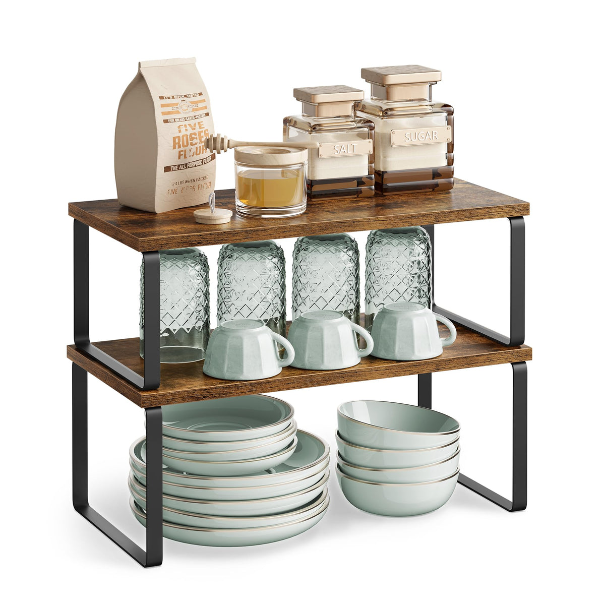 Songmics 2-pack shelf set transforms clutter into accessible storage on countertops.