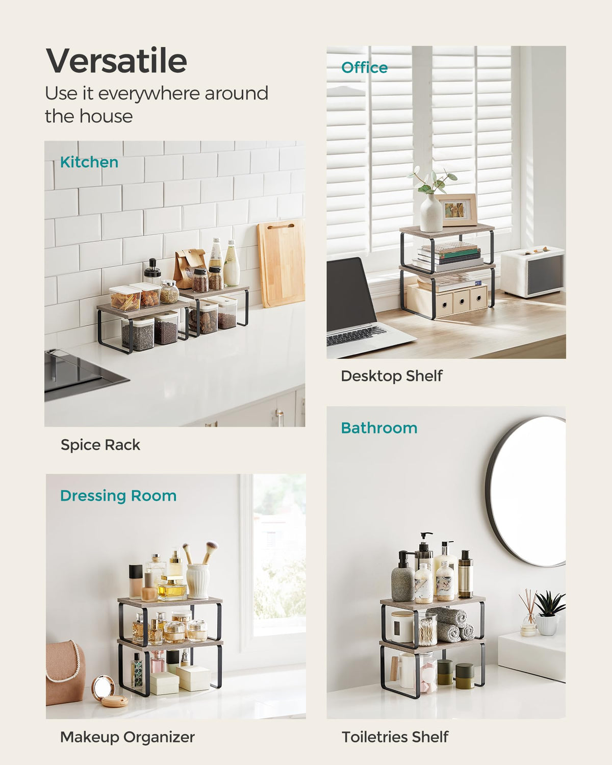 Songmics expandable kitchen storage showing flexible configuration for small spaces.
