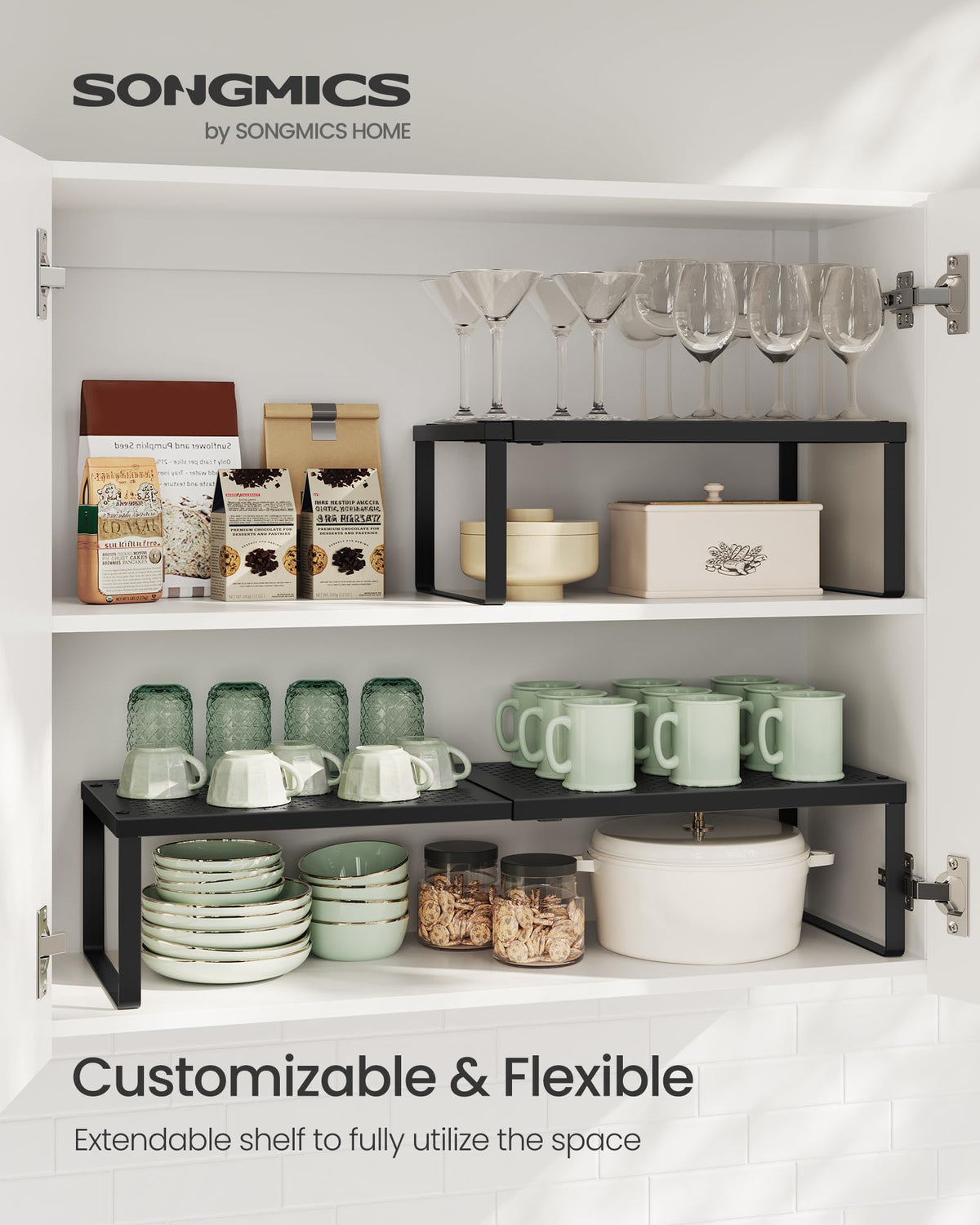 Songmics expandable shelves showing wide reach for spice jars and cans.