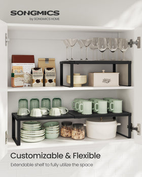 Songmics expandable shelves showing wide reach for spice jars and cans.