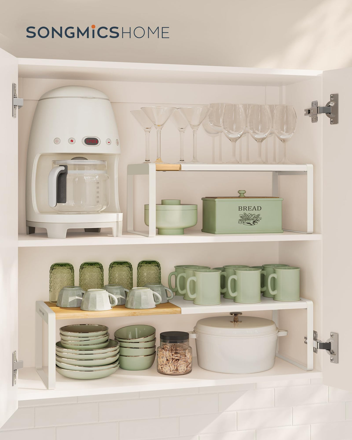 SONGMICS HOME cupboard organizer stacking demonstrates adjustable width and versatile placement