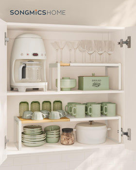 SONGMICS HOME cupboard organizer stacking demonstrates adjustable width and versatile placement