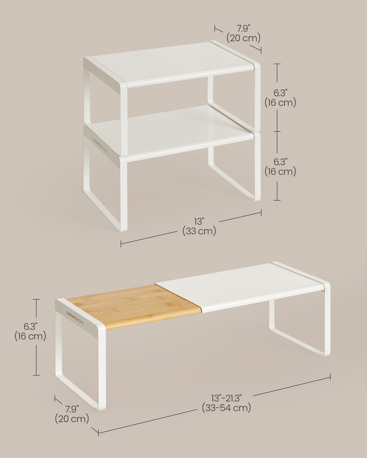 SONGMICS HOME space-saving shelves help maximize countertop or cabinet storage